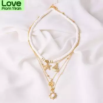 Креативное женское ожерелье с подвеской в виде морской звезды и ракушки, многослойное, для модных женских ювелирных изделий