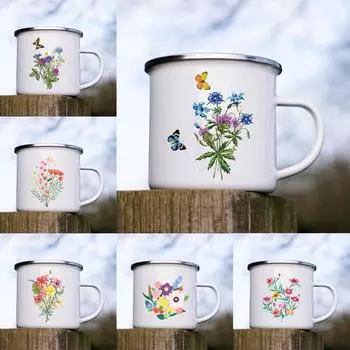 Креативные эмалевые кружки для кофе с цветочным принтом, походные чашки для сока, какао, студенческие кружки для завтрака и молока для детей 360ml