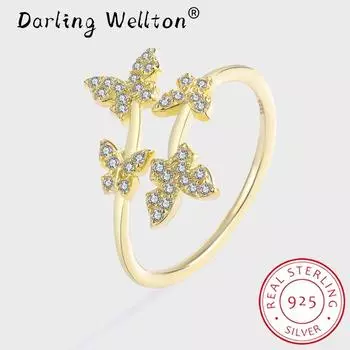 Креативные двухслойные кольца для пар с четырьмя бабочками для женщин, серебро S925, подарок на годовщину, ювелирные изделия, ювелирные изделия из стерлингового серебра, ювелирные изделия для вечеринок Resizable золотой