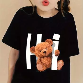 Креативные футболки с графическим принтом «Мультяшный кот и медведь», удобная футболка с круглым вырезом и коротким рукавом, детская одежда, летние топы для девочек 100