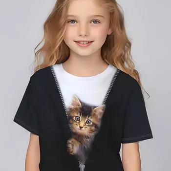 Креативные футболки с графическим принтом «Мультяшный кот и медведь», удобная футболка с круглым вырезом и коротким рукавом, детская одежда, летние топы для девочек 100