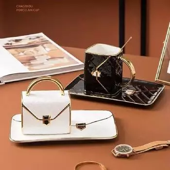 Креативные керамические кофейные чашки Сумка ручной работы с бриллиантовой инкрустацией Керамические чашки и тарелки Кофейная утварь Керамические кружки Подарок на день рождения 100ml-400ml чёрный