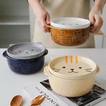 Креативные керамические миски, мультяшные керамические миски для лапши с крышками, симпатичные животные, суп, салат, фруктовая чаша, коробка, декоративная посуда