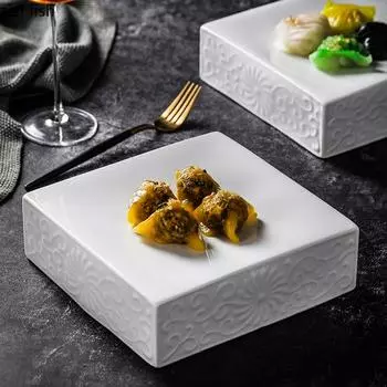 Креативные квадратные керамические обеденные тарелки, тарелки для стейков, бытовая посуда с рельефным узором, десертное блюдо, тарелки для пасты в отеле и ресторане