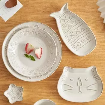 Креативные милые круглые обеденные тарелки в стиле ретро, рельефная керамическая тарелка, домашняя тарелка для пасты и салата, изысканная столовая посуда
