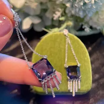 Креативные модные квадратные серьги-мешки с бахромой, слегка инкрустированные цирконием, трендовые украшения небесно-голубой