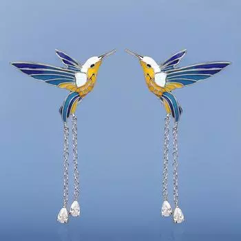 Креативные модные серьги-подвески с птицами, цветные эпоксидные длинные серьги с кисточками, эмалированные женские ювелирные серьги ручной работы синий