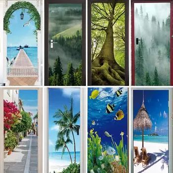 Креативные наклейки на дверь, лесной природный узор, самоклеящиеся обои из ПВХ, домашний декор, фрески, художественные плакаты на холодильник, дверная крышка 40x120cm(samll size)