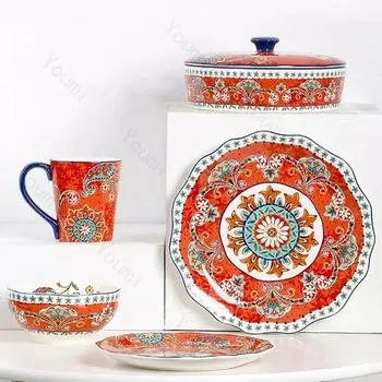 Креативные нестандартные керамические тарелки Ретро цветы Тарелка для завтрака Вкусные блюда Стейк Плоская тарелка Изысканная бытовая посуда