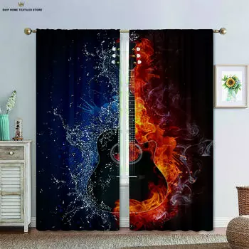 Креативные печатные шторы для спальни, гостиной, кухни, декоративные шторы, вода и огонь музыкальная гитара, комплект из 2 шт. W50X130H(CM)X2PCS&Grommet Top