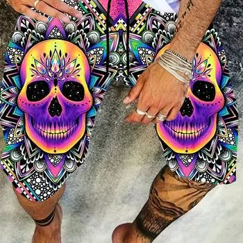 Креативные пляжные шорты с ярким рисунком черепа, мужские повседневные шорты с завязками на талии и принтом для летнего курорта S