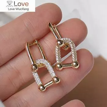 Креативные простые дизайнерские двойные квадратные серьги с замком, женские серьги из настоящего золота 14 карат, изысканные женские серьги с инкрустацией медью и цирконом чёрный