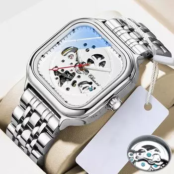 Креативные прямоугольные полые автоматические механические часы мужские деловые механические часы праздничный подарок персональные часы L-Black