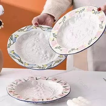 Креативные рельефные цветочные керамические тарелки, легкие, роскошные, ресторанные, макаронные десертные тарелки, изысканные блюда, обеденная тарелка, уникальная посуда
