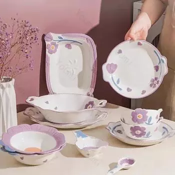 Креативные рельефные цветы Керамические тарелки Роскошные ресторанные салатницы Десертные тарелки Вкусные блюда Супницы Изысканная столовая посуда