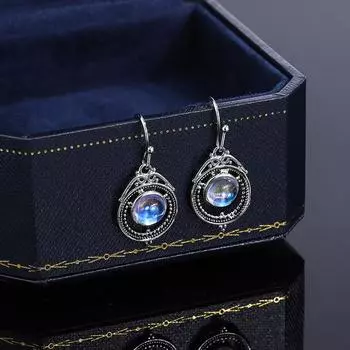 Креативные серьги для женщин, стильные серьги-кольца с лунным камнем, изысканные украшения для вечеринок, ювелирные изделия из стерлингового серебра с цирконием China синий