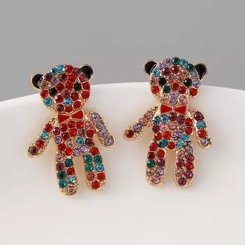 Креативные серьги-гвоздики со стразами в виде маленького медвежонка из мультфильма для женщин, нежные милые серьги из сплава с бриллиантами, подарок на день рождения красный