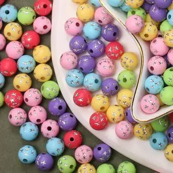 Креативные серьги из бисера, свободные бусины, 50 шт., 7,5 мм, акриловое ожерелье, круглые аксессуары со звездным узором для изготовления ювелирных изделий своими руками, браслет с прямыми отверстиями