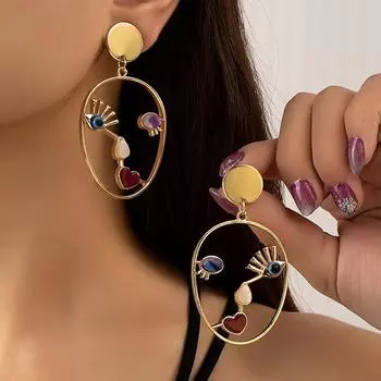 Креативные серьги-подвески с абстрактным лицом для женщин, полые геометрические серьги-подвески с бусами золотого цвета от сглаза, женские украшения