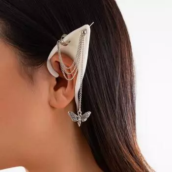 Креативные силиконовые серьги-петли «Белый эльф» без пирсинга для женщин, преувеличенные металлические подвески в виде бабочки, длинные кисточки, серьги-каффы, крючки, украшения для ушей в стиле косплея