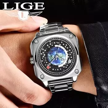 Креативные стальные квадратные кварцевые часы LIGE, новые модные повседневные мужские часы, дизайн звездного неба, ночник, водонепроницаемые часы с хронографом серебряный/синий