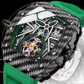 Креативные водонепроницаемые светящиеся мужские механические часы с маховиком и полым автоматическим механизмом в форме бочки, праздничный подарок чёрный