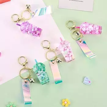 Креативный акриловый маслянистый брелок для ключей с чашкой чая с молоком, подвеска для автомобиля, сумка для ключей с зыбучими песками