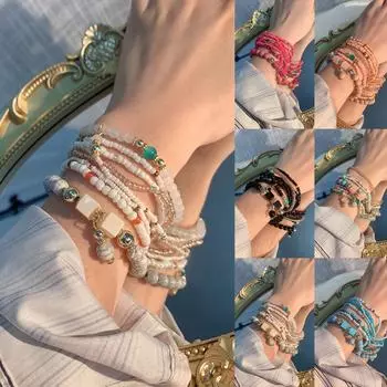 Креативный браслет из рисовых бусин в богемном стиле, 6 шт., 8 комбинаций бирюзовых эластичных браслетов из бисера One Size разноцветный