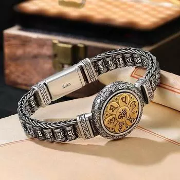 Креативный браслет в стиле паспарту с молитвенным колесом в стиле ретро, мужские серебряные бусины с шестизначной мантрой, браслеты 18cm серебряный