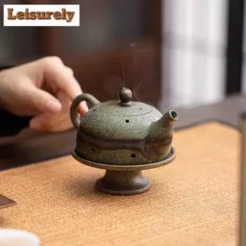 Креативный чайник для заваривания благовоний, курильница Zen, бронза, зеленая керамика, подставка для сиденья из агарового дерева, печь из сандалового дерева, украшение для чайного столика, поделки