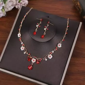 Креативный Цветочный Костюм Бижутерия Чокер Ожерелье Серьги Набор Для Женщин Тиары Корона Свадебная Бижутерия красный