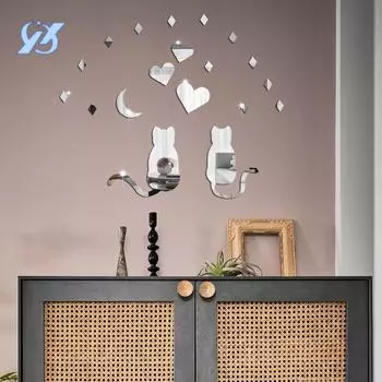 Креативный домашний Love Cat Зеркальная настенная наклейка Трехмерная акриловая наклейка Комната Спальня Декоративная настенная наклейка