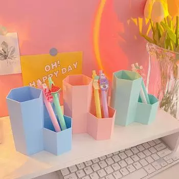 Креативный контейнер для ручек Diamond 3 Grid Pen Container Hexagonal Pen Container Pen Holder Desktop Storage Bucket для хранения кистей для макияжа зелёный