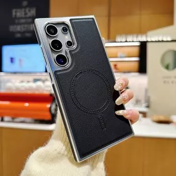 Креативный кожаный защитный чехол с боковым краем для Samsung S25ultra, деловой чехол для телефона с магнитной зарядкой Samsung S25plus чёрный