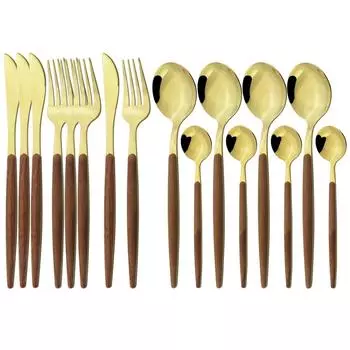 Креативный набор столовых приборов с деревянной ручкой, посуда из нержавеющей стали, набор столовых приборов, ножи, вилки, ложка, столовое серебро, набор кухонной утвари коричневый/серебряный