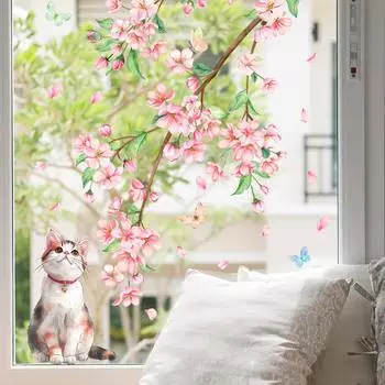 Креативный персиковый цветок ветки цветок бабочка котенок наклейка на окно украшение бесклеевая статическая наклейка на стену наклейка из ПВХ