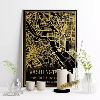Креативный плакат с картой американских туристических городов с темным фоном, рисунок линии, холст, живопись 21cm30cm NoFrame