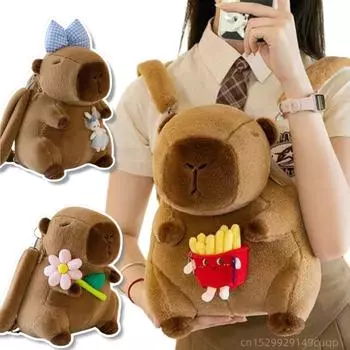 Креативный плюшевый рюкзак в виде животного Капибары, кукольный бант, еда, картофель фри, бургер, цветок, мягкая плюшевая сумка через плечо, подарок для мальчиков и девочек about 35cm