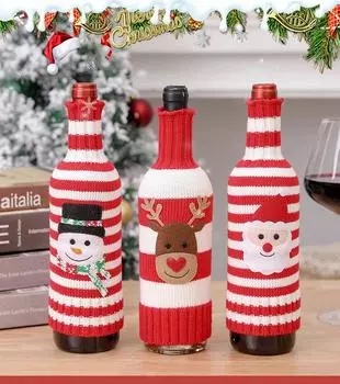 Креативный рождественский комплект чехлов для бутылок вина, вязаный полосатый шерстяной акриловый чехол для бутылки красного вина и шампанского, рождественский новогодний декоративный чехол