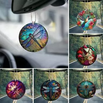 Креативный узор с цветочными птицами, подвеска для автомобиля, яркий цвет, круглый орнамент с подвесной цепочкой, автоматическое зеркало заднего вида, подвеска, украшение, автомобильные принадлежности F