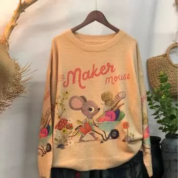 Креативный женский осенний ретро-стиль литературный пуловер толстый круглый вырез свободный короткий рукав свитер свитер