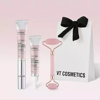 Крем для кожи вокруг глаз с ультратонкой вибрацией VT Cica Collagen (Основной+Пополнение) и ролик для лица (+Подарочный пакет)
