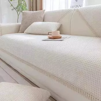 Кремовая подушка для дивана, всесезонный универсальный противоскользящий чехол для дивана с кисточками и краями 70x70cm бежевый