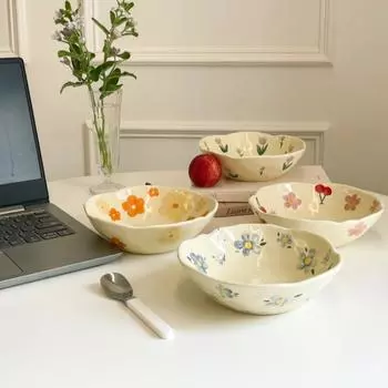 Кремово-желтая керамическая миска, салатница, сложенная вручную, неровная цветочная миска для йогурта, в корейском стиле, овсянка, завтрак, цветочная миска оранжевый