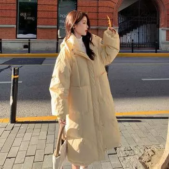 Кремово-желтая куртка с капюшоном на пуху с хлопковой подкладкой, женская, средней и длинной длины, зимняя, новая, утолщенная куртка с хлопковой подкладкой до колен M жёлтый