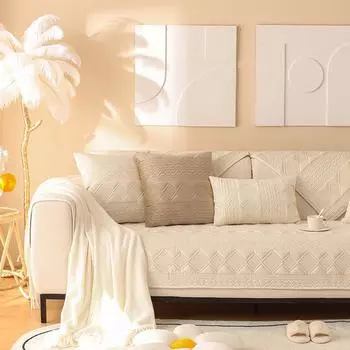 Кремовое полотенце для дивана, чехол для дивана для гостиной, ткань, нескользящая ткань, чехол для дивана, чехол для дивана, стиль полотенца, кремовый цвет, полное покрытие, универсальный универсальный вариант 70*70cm