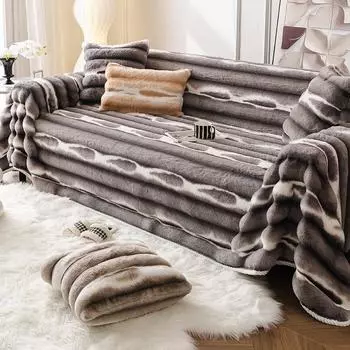 Кремовый плюшевый чехол для дивана с кроликом и ветром, толстое теплое одеяло, подушка для дивана, противоскользящее цельное полотенце для дивана 180*130cm