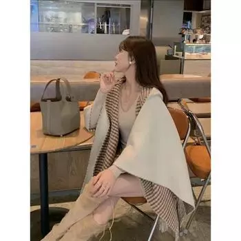 Кремовый стиль капюшона двухсторонняя бахрома шаль куртка женская накидка вязаный свитер One size