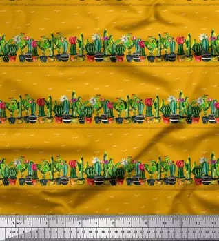 Креповая ткань Soimoi Gold Poly, кактус с коническим принтом в горшке, ткань по метрам, 42 дюйма 42 Inch Wide - Poly Crepe золотой