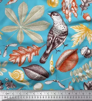 Креповая ткань Soimoi Poly с принтом птиц и листьев шириной 42 дюйма в ярдах 42 Inch Wide - Poly Crepe синий
